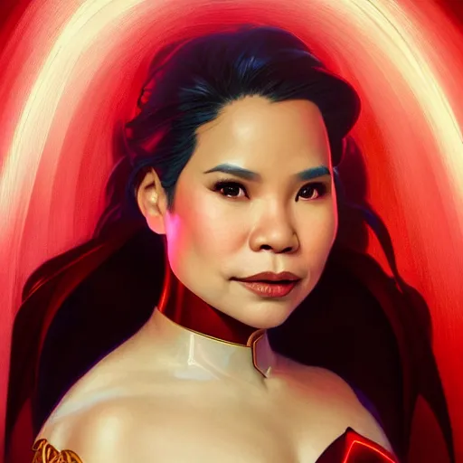 Prompt: lea salonga as darna, wax figure, glowing eyes, volumetric lights, red and cyan theme, art nouveau botanicals, intricate, highly detailed, digital painting, artstation, concept art, smooth, sharp focus, cinematic, illustration, beautiful face, art by artgerm and greg rutkowski and alphonse mucha