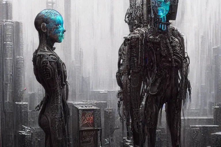 Image similar to highly detailed concept art of neuromancer characters, dystopian post - apocalyptic retrofuturistic neon vibe, an ultrafine detailed painting by hans giger and wayne barlowe, trending on deviantart, pop surrealism, whimsical, lowbrow, perfect symmetrical face, sharp focus, octane, masterpiece