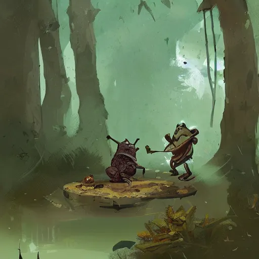 Image similar to concept art of a frog warrior battling a squirrel warrior near a stream, by ismail inceoglu,