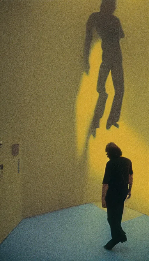 Prompt: 7 0 s movie still of a man made of glass walking in a hospital with yellow wall, cinestill 8 0 0 t 3 5 mm eastmancolor, heavy grain, high quality, high detail