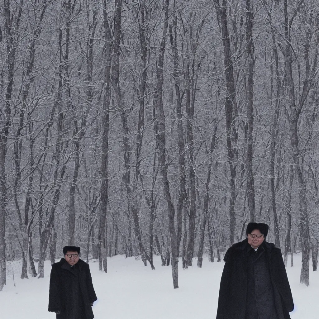 Image similar to filmstill of Kim Jong-il wearing a furry chapka and playing the role of Omar Sharif in Doctor Zhivago by David Lean, man in grey winter coat, cold Russian winter, snow and trees, Prussian architecture, old Russian interior, Doctor Zhivago movie shot, minimal composition, 1965, cinemascope, Eastman Color Negative 50T 5251 Neg. Film, epic romance