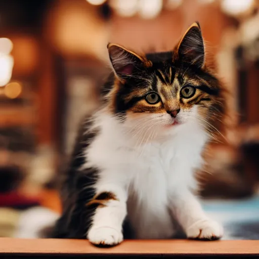 Image similar to dog and kitten hybrid inside a japanese thrift store, cinematic light, warm colours, atmospheric, bokeh, 8 k photography