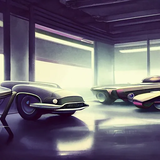 Image similar to retro futuristic shiny vintage cars in showroom, atmospheric lighting, painted, intricate, volumetric lighting, beautiful, daytime, sunny weather, slight overcast, sharp focus, deep colours, ultra detailed, by leesha hannigan, ross tran, thierry doizon, kai carpenter, ignacio fernandez rios