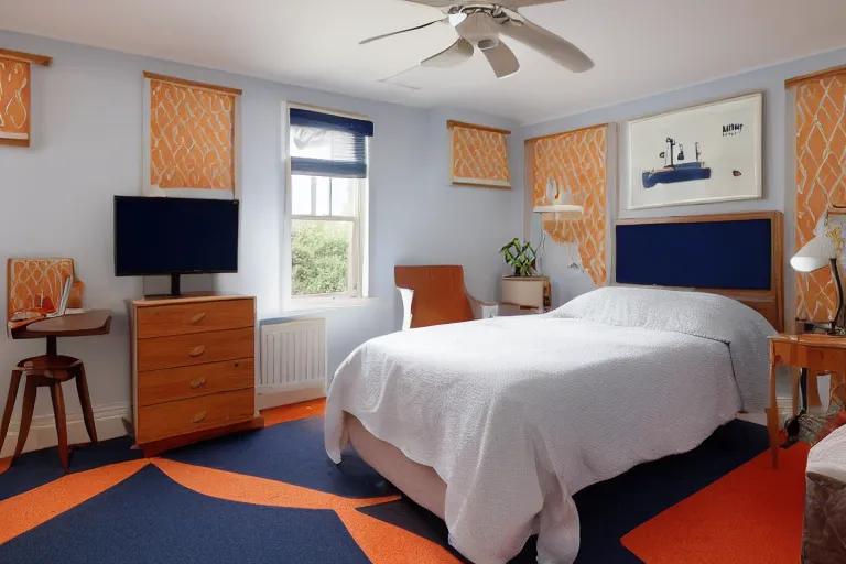 Image similar to a 10 by 11 foot room with white with a criss cross pattern in blue grey walls, white ceiling, navy blue carpet, a small bed, desk, two wooden wardrobes, a little side table in a light wood veneer, a window, desk fan, table light, and an old TV, and a ceiling fan gives off a dim orange light. Old