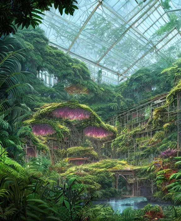 Prompt: an enormous conservatory greenhouse exterior, overgrown with exotic fungus, overgrown with huge ferns, cliff side, noon, sun drenched, partly cloudy, by dan mumford, yusuke murata, makoto shinkai, ross tran, cinematic, unreal engine, cel shaded, featured on artstation, pixiv