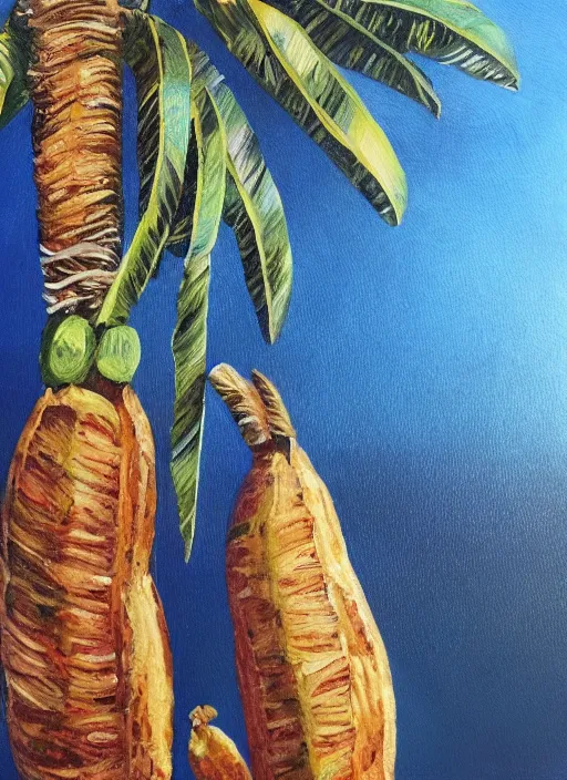 Prompt: bananas look like baguettes on a palm tree, intricately detailed acrylic painting