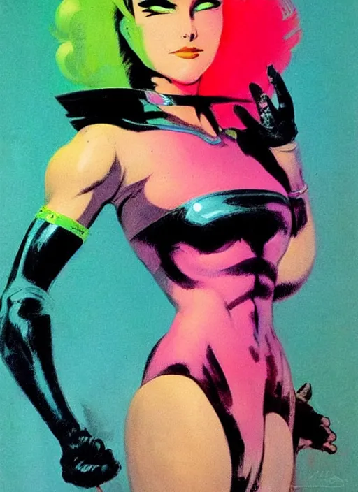 Image similar to female evil android, neon hair, glowing skin, strong line, saturated color, beautiful! coherent! by frank frazetta, high contrast, minimalism