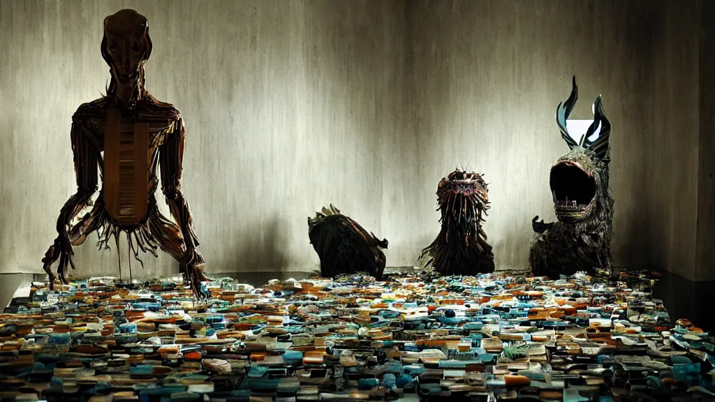 Image similar to the strange creature float through the house, made of magazines and water, film still from the movie directed by Denis Villeneuve with art direction by Salvador Dalí, wide lens