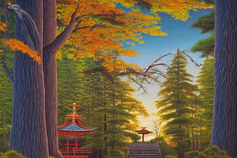 Prompt: a painting in the style of rob gonsalves of a beautiful large shinto shrine with a torii in a natural setting, soft lighting, seasonal weather, in the russian taiga