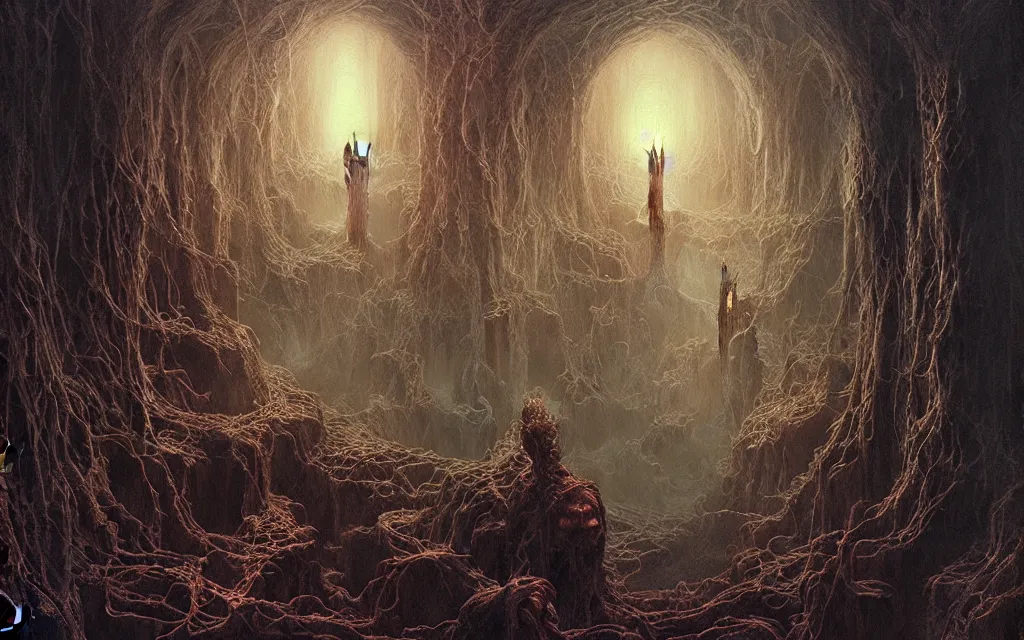 Prompt: the final realm, gateway to the underworld, mystic art, detailed painting by greg rutkowski and gustave dore and zdzisław beksinski, intricate detail