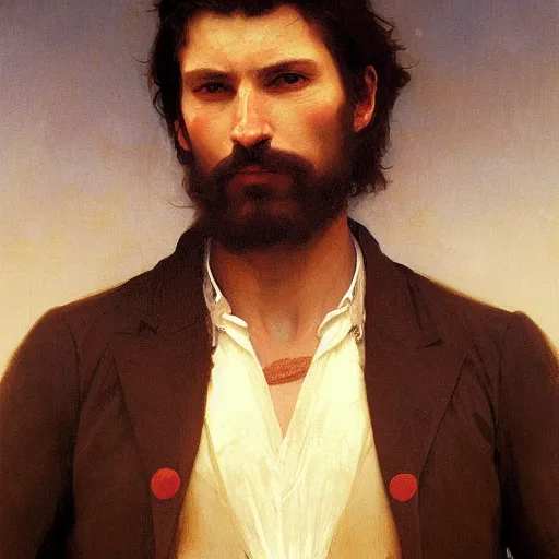 Image similar to a portrait painting of a gunslinger gentleman, art greg rutkowski and william - adolphe bouguereau