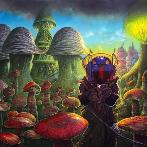 Image similar to 4 k headshot portrait of a psychedelic demonic anthropomorphic insect knight with mushroom themed clothes, magic mushroom village in background by jeff easley, award winning, stylized neon, post - processing, masterpiece, superb resolution. in the art style of junji ito and greg rutkowski. detailed mushroom city in background. hyper realistic anime. perfect art. dalle 2