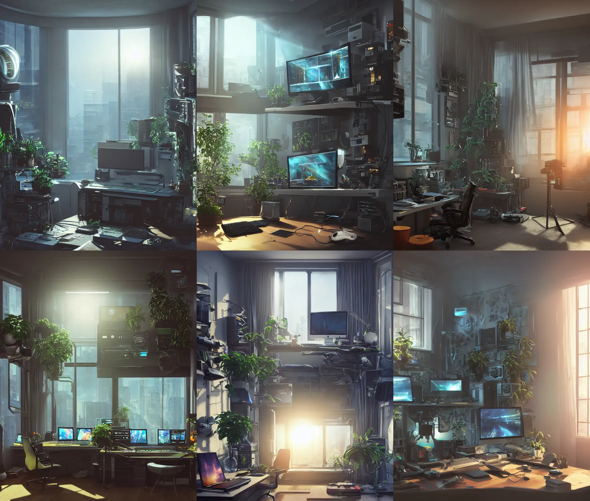 Prompt: detailed scifi artstation scene of a complex computer workstation in a small studio apartment room, a potted plant, many monitors, many electronics, a window view, window curtain, maximalism, volumetric light, sunny amber morning light, sun beam, atmospheric haze, unreal engine, hyperrealism, realistic shading, blender render, photorealistic, wide shot