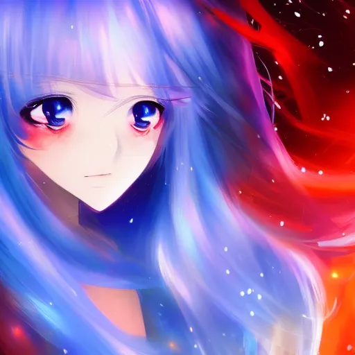 Image similar to advanced digital anime art, a very cute gorgeous teenage girl with a body made of fire and ice , full body, very long snow colored hair, sky blue highlights in hair, red fiery watery eyes, full round face, dramatic cinematic lighting, wideshot, highly intricately detailed, trending on pixiv, Artstation,