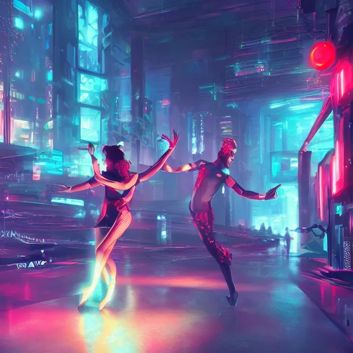 Prompt: two dancers in a virtual club, by artur sadlos, highly detailed, cyberpunk themed, indicate details, cinematic lighting, bright colors, ultra realism, rendered in unreal, sci - fi concept art, video game cinematic