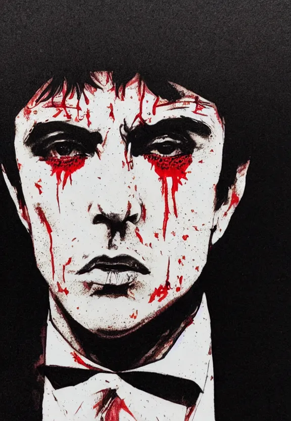 Prompt: close up. perfect symmetric face, coherent symmetric eyes. detailed face. portrait of tony montana from movie scarface. high detailed. red and black ink paint