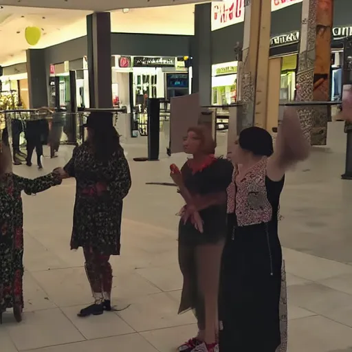 Prompt: security camera footage of two witches performing a summoning ritual in the middle of a mall