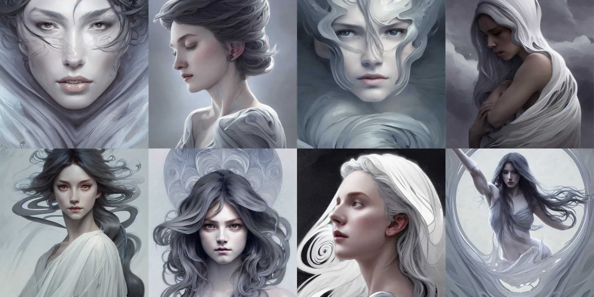 Prompt: Gray is a hue created with swirls of white gouache and a daub of midnight pain, intricate, highly detailed, digital painting, artstation, concept art, smooth, sharp focus, illustration, Unreal Engine 5, 8K, art by artgerm and greg rutkowski and alphonse mucha