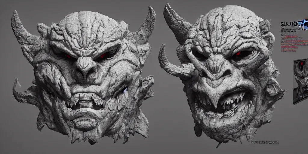 Prompt: veteran demon rock mask design, character sheet, 3d render, Greg Rutkowski, Zabrocki, Karlkka, Jayison Devadas, Phuoc Quan, trending on Artstation, 8K, ultra wide angle, zenith view, pincushion lens effect