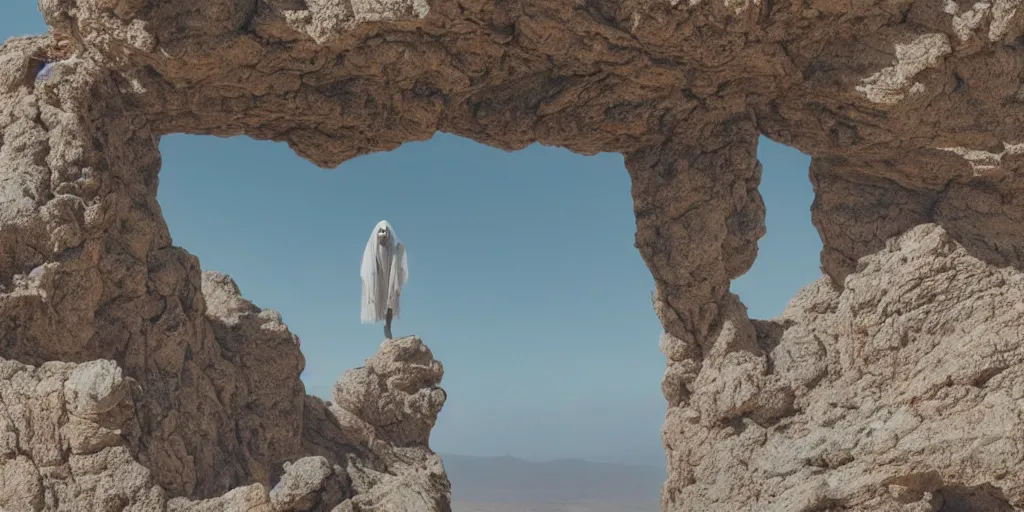 Image similar to levitating grey ghost veiled silhouette with full - face golden glowing bright reflective mask in a dry rocky desert landscape, visible sky and sunny atmosphere, floating rocks, flying rocks and fata morgana and giant mirrors by alejandro jodorowsky, anamorphic lens, kodakchrome, practical effects, masterpiece, 8 k