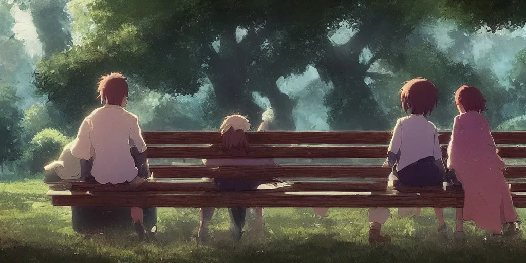 Image similar to a family with sorrow faces sitting on a bench, close up shot, anime art, Greg Rutkowski, studio ghibli, dramatic lighting