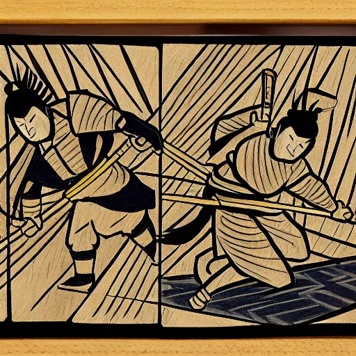 Image similar to two samurai battle each other, wood block painting style, outline style, hand drawn style, circa 1 5 0 0 s, history, scretch, dust, grain, noise, on wood