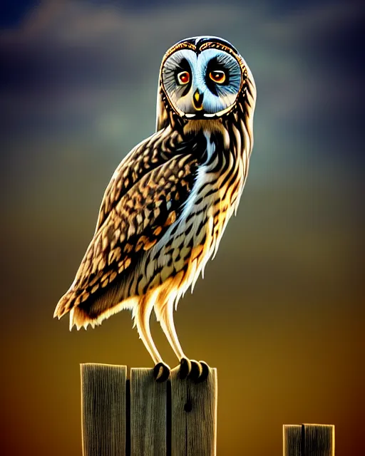 Image similar to an extremely detailed masterpiece painting of a short - eared owl on a wooden fence post, in the style of brian froud, brian despain, brian bolland, digital art, unreal engine, volumetric lighting, dark moody lighting, trending on artstation, photorealistic, epic scene