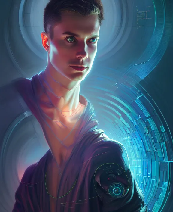 Image similar to a whirlwind inside the metaverse, guy, male, man, hologram, half body, neurochip, android, cyborg, cyberpunk face, by loish, d & d, fantasy, intricate, elegant, highly detailed, colorful, digital painting, artstation, concept art, art by artgerm and greg rutkowski and alphonse mucha