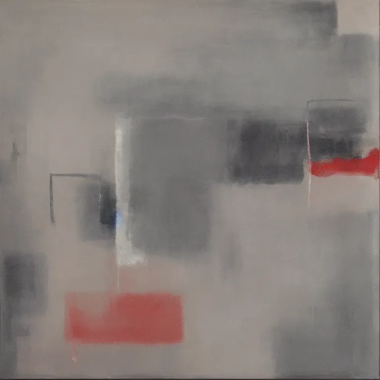 Prompt: An abstract painting on canvas using soft pale colours and milky texture contrasted by dark bold scratches and some simple shape, reminiscent of natural sceneries and influenced by Japanese minimalism and colour fields and inspired by artists such as John Hoyland, Johannes Itten, Marcel Duchamp and Mark Rothko.