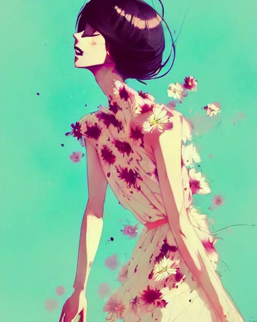 Image similar to a ultradetailed beautiful panting of a stylish woman in a flower dress, by conrad roset, greg rutkowski and makoto shinkai, trending on artstation