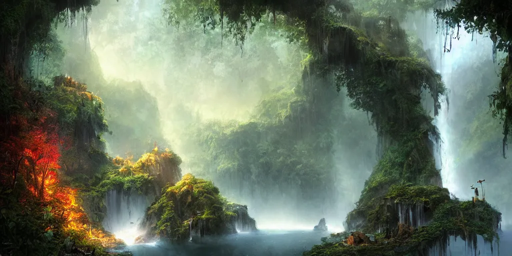 Image similar to a digital painting of a cave entrance in a mystical forest with waterfalls and vines hanging from trees, fireflies glowing in various colors, desaturated, a detailed matte painting by stephan martiniere, cgsociety, fantasy art, matte painting, concept art, fractalism, night