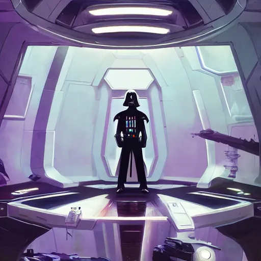 Image similar to darth vader standing in a futuristic room sci - fi behance hd artstation by jesper ejsing, by rhads, makoto shinkai and lois van baarle, ilya kuvshinov, ossdraws, that looks like it is from borderlands and by feng zhu and loish and laurie greasley, victo ngai, andreas rocha