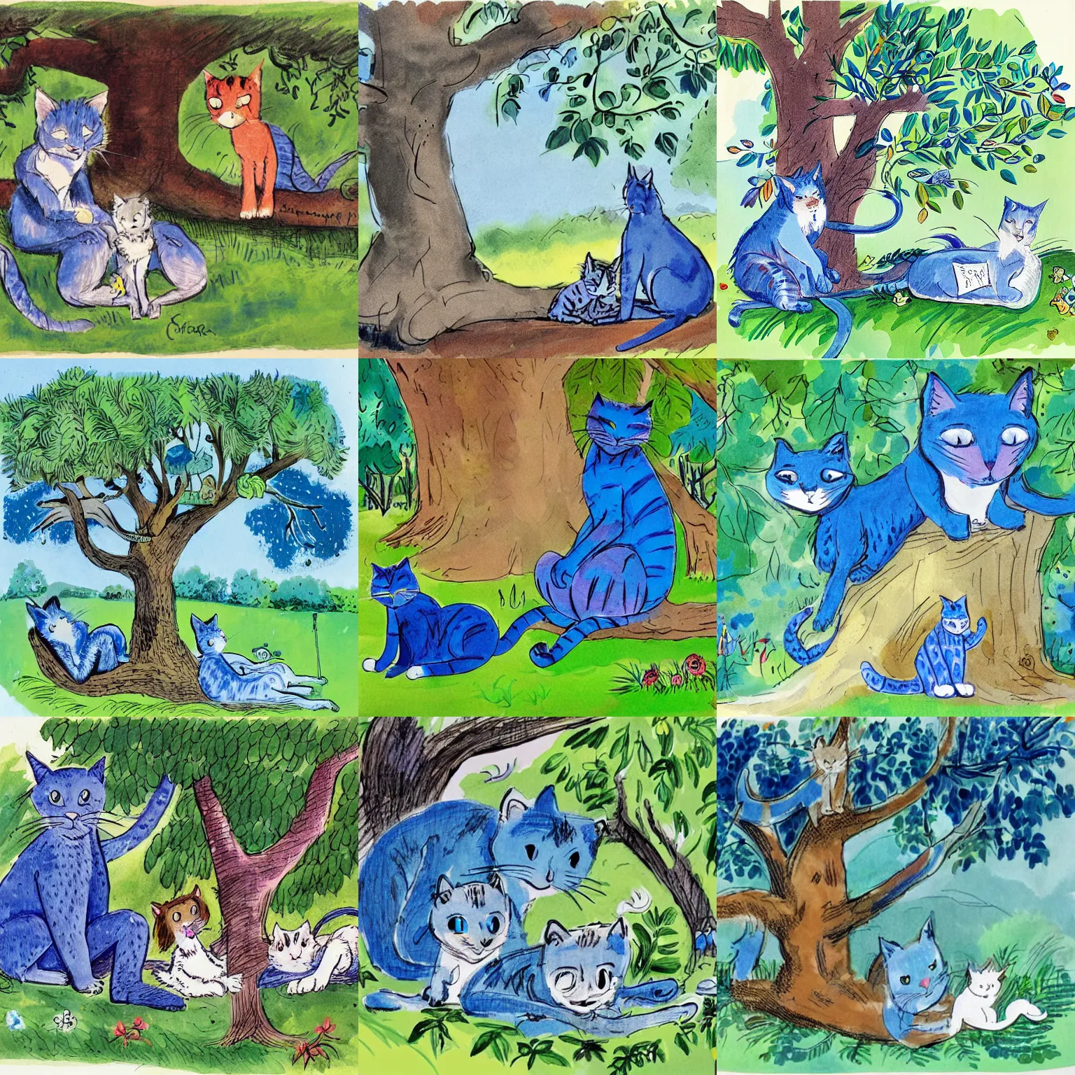 Prompt: a storybook illustration of a pair of blue cats relaxing under a tree by quentin blake, roald dahl,