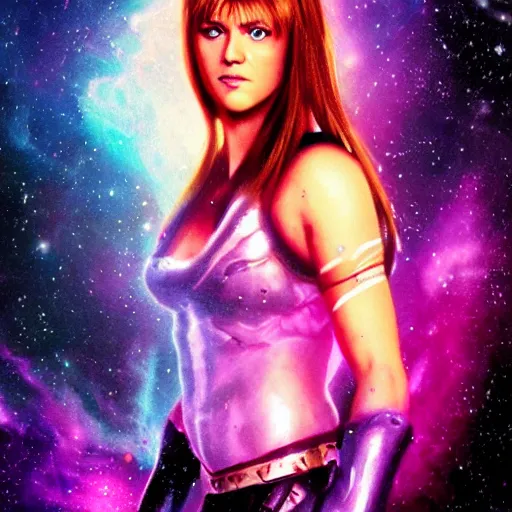 Image similar to portrait from xena the warrior princess, synthwave, universe background, nebula, galaxy, artstation