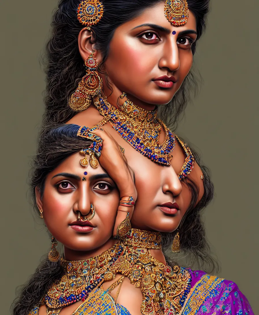 Prompt: highly detailed full body portrait of south asian brown woman in traditional wear, studio portrait, grey colored eyes, blue colored traditional wear, photo by jerry ghionis, hyper realistic, concept art, 8 k detail post - processing