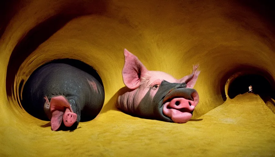 Image similar to 5 0 s movie still of a yelling pig in a flesh cocoon in a yellow tunnel, cinestill 8 0 0 t 3 5 mm technicolor, heavy grain, high quality, high detail