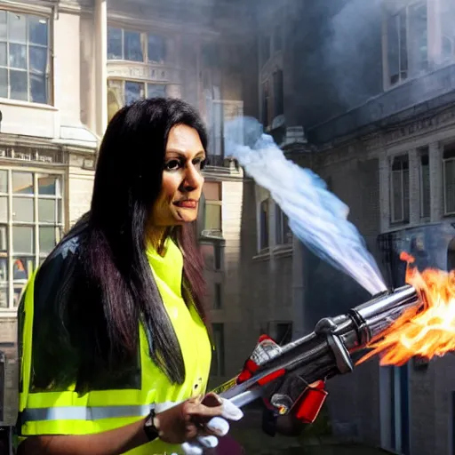 Image similar to Priti Patel Weilding A flamethrower, firing it into a building, medium shot photo 8k ultrahd