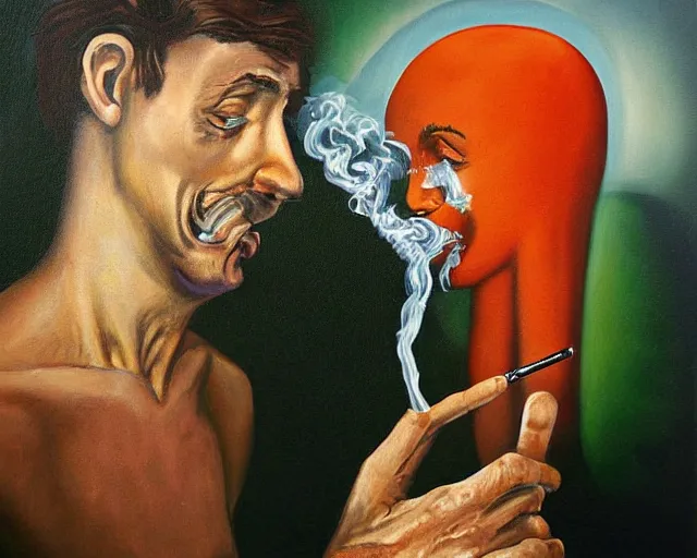 Image similar to a surreal painting of man smoking a joint