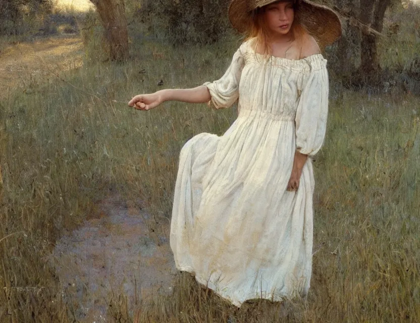 Image similar to peasant girl trying new dress, cottage core, cinematic focus, polaroid photo bleached vintage pastel colors high - key lighting, soft lights, foggy, by steve hanks, by lisa yuskavage, by serov valentin, by tarkovsky, 8 k render, detailed, oil on canvas