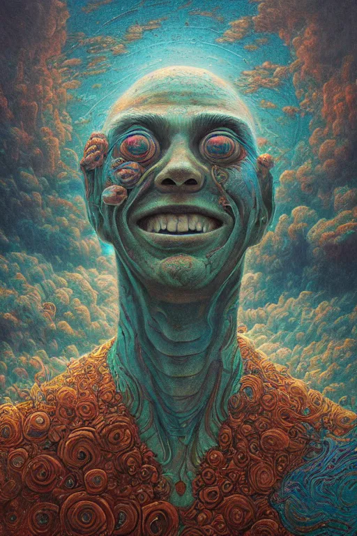 Prompt: 4K Stunningly detailed Ancient Beautiful portrait of a Smile inspired in beksinski and dan mumford work, remixed with Simon Stalenhag work, sitting on the cosmic cloudscape