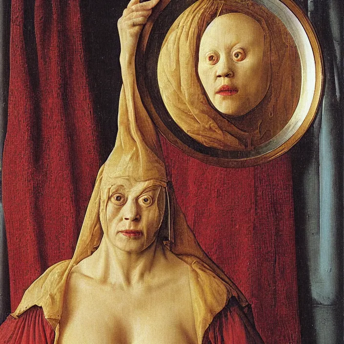 Image similar to strange mutant fungic woman holding a round mask mirror. painting by jan van eyck