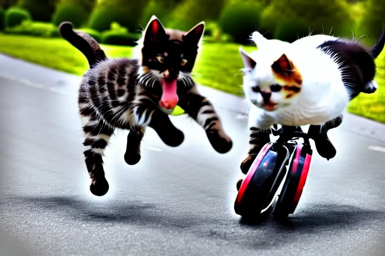 Image similar to Kitten jumping a large dog with a stunt bike