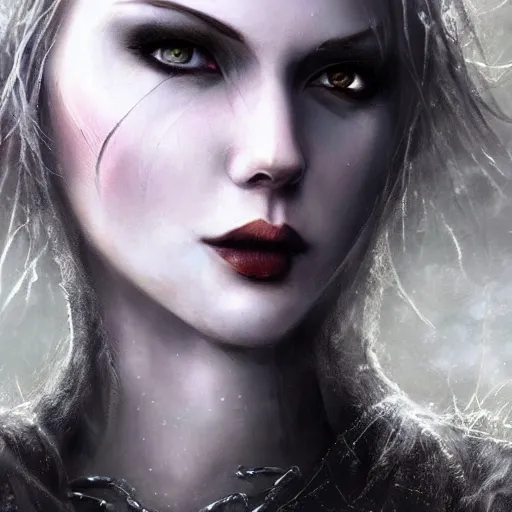 Image similar to kerli koiv, nordic goddess, darkwave, darksynth headshot character portrait, sharp, digital matte painting, art by luis royo, greg rutkowski, wlop, dramatic lighting, trending on artstation