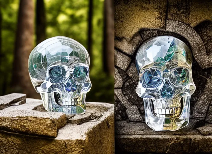 Image similar to crystal skull encased in a crystal box On a pedestal in ancient ruins in the forest. Fantasy horror style. Highly detailed 8k. Intricate. Nikon d850 55mm. Award winning photography.