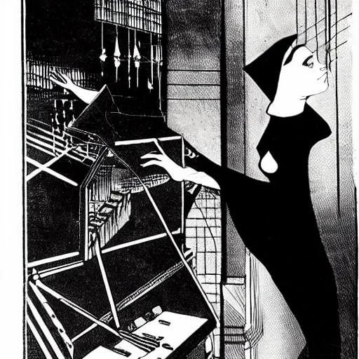 Image similar to the somnambulist from the cabinet of dr. caligari playing a large moog modular synthesizer, style of aubrey beardsley!!