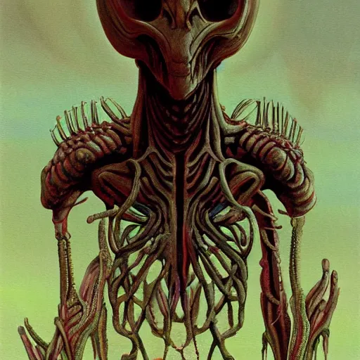 Prompt: painting of an alien spaceship made of flesh and exoskeleton, in the style of wayne barlowe