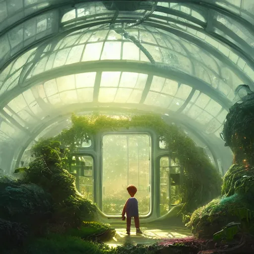 Image similar to , boy with grandma in scifi green house, spaceship, plants, stephen bliss, misty, unreal engine, fantasy art by greg rutkowski, loish, ferdinand knab, and lois van rossdraws, global illumination, radiant light, minimalist, detailed and intricate environment