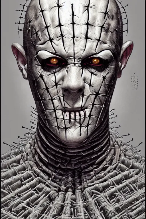 Image similar to highly detailed portrait of pinhead from hellraiser by alex grey, patrick woodroffe, mark ryden created by gustave dore and greg rutkowski, high detailed, smooth draw, synthwave neon retro, intricate, realistic proportions, dramatic lighting, trending on artstation