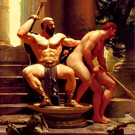 Image similar to ares the god of war accuses hercules of betrayal! zeus sits on the throne of olympus, heavenly marble, ambrosia served on golden platters, painting by gaston bussiere, craig mullins, j. c. leyendecker, tom of finland