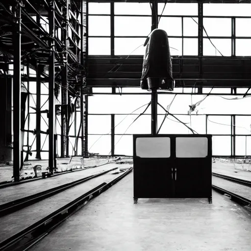 Prompt: scientist studying a sleek black simplistic oval spacecraft in a warehouse, 1 9 2 0's sci - fi, black and white, 8 k, highly ornate intricate details, extreme detail,